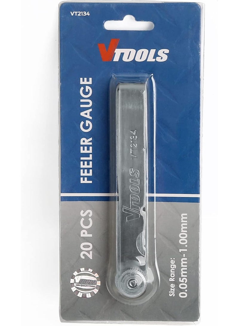 VTOOLS 20 قطعة مقياس شعري من الفولاذ المقاوم للصدأ (0.05-1.00 مم) أداة قياس الفجوات مزدوجة العلامات المترية والإمبراطورية، مجموعة أدوات قياس الفجوات مزدوجة العلامات للإصلاح - Image 1